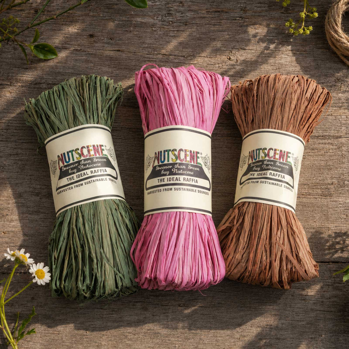 A bundle of the variety pack of nutscene madagascan raffia with nutscene label on a wooden background