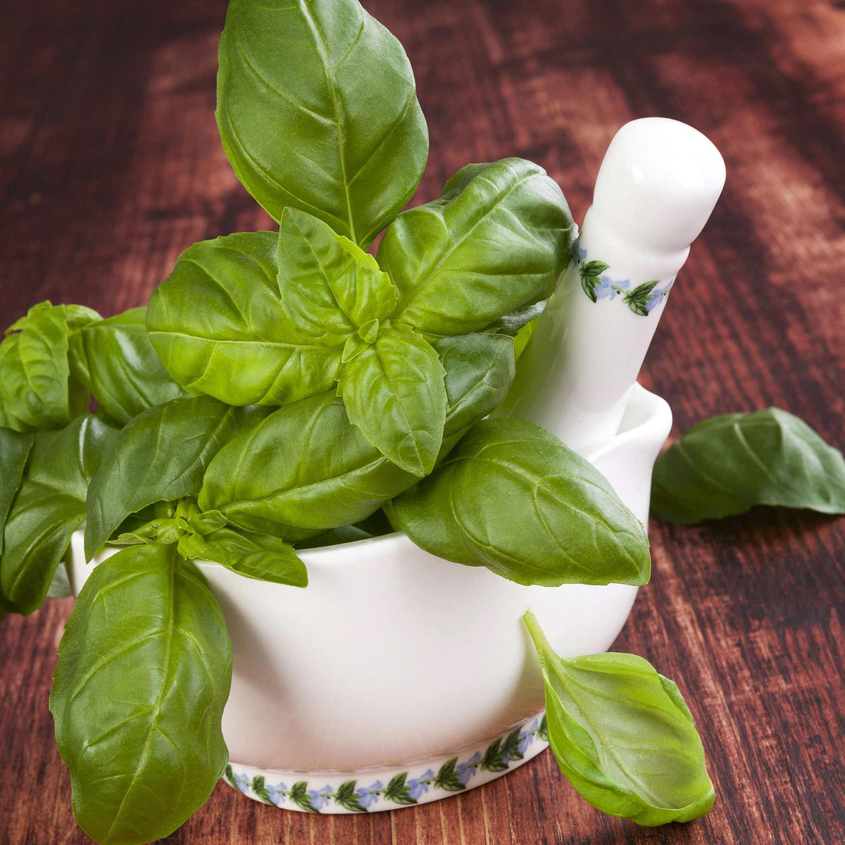 A close-up shot of several vibrant green Genovese Basil leaves, showcasing their distinct veins.