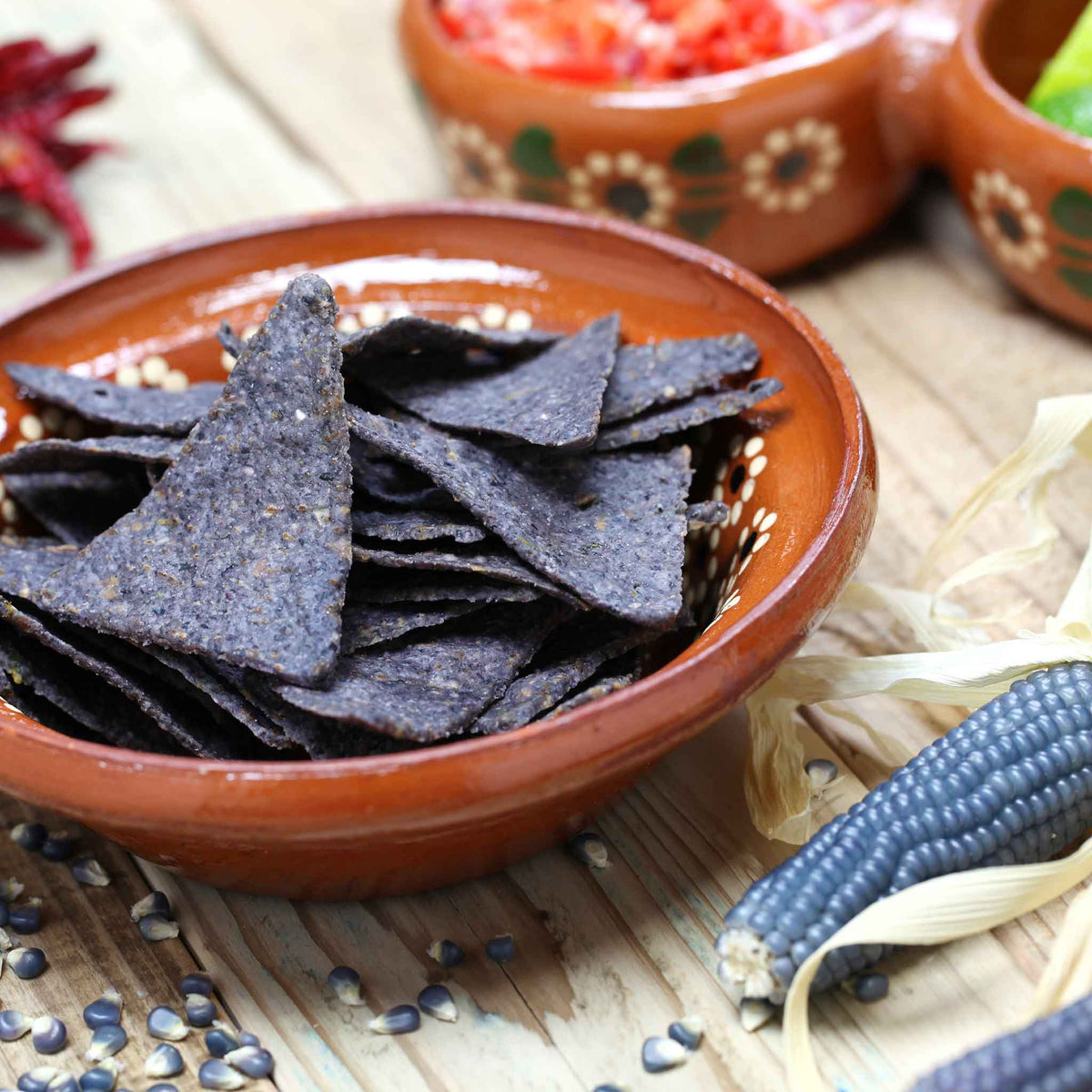 A plate of chips made form Blue Hopi corn.