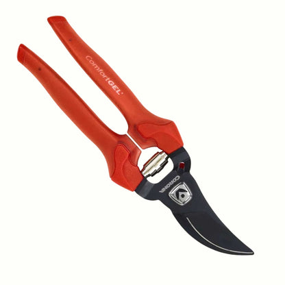 Red-handled comfortgel bypass pruners with black blades on a white background