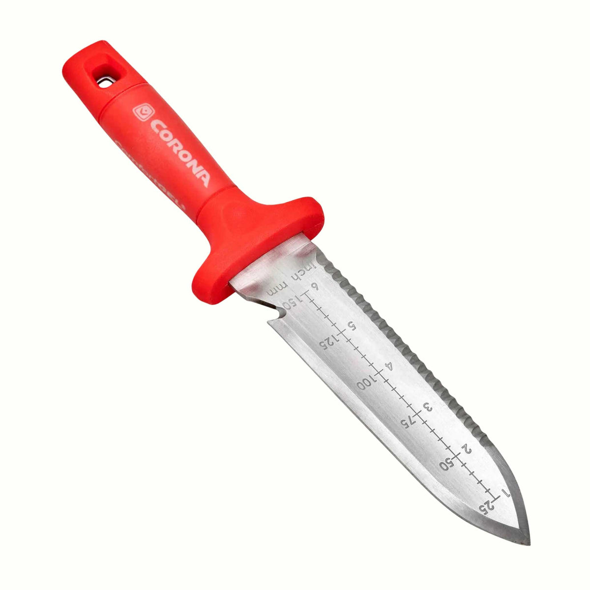 Corona ComfortGel Hori Hori knife with a red handle and measurement markings on a white background