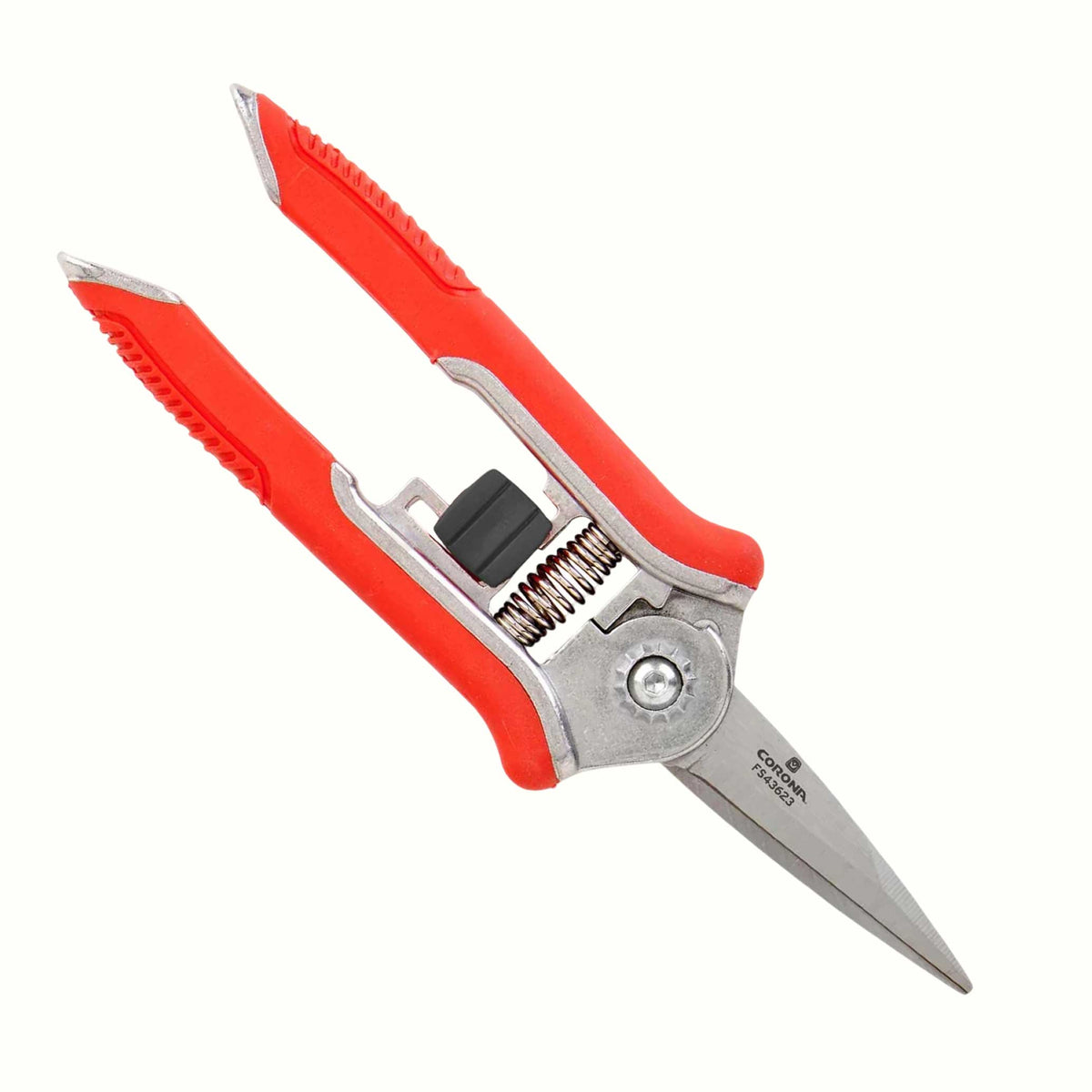 Corona ComfortGel mini floral snips with red handles on a white background