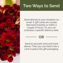 Bouquet of red flowers with text about two ways to send a gift