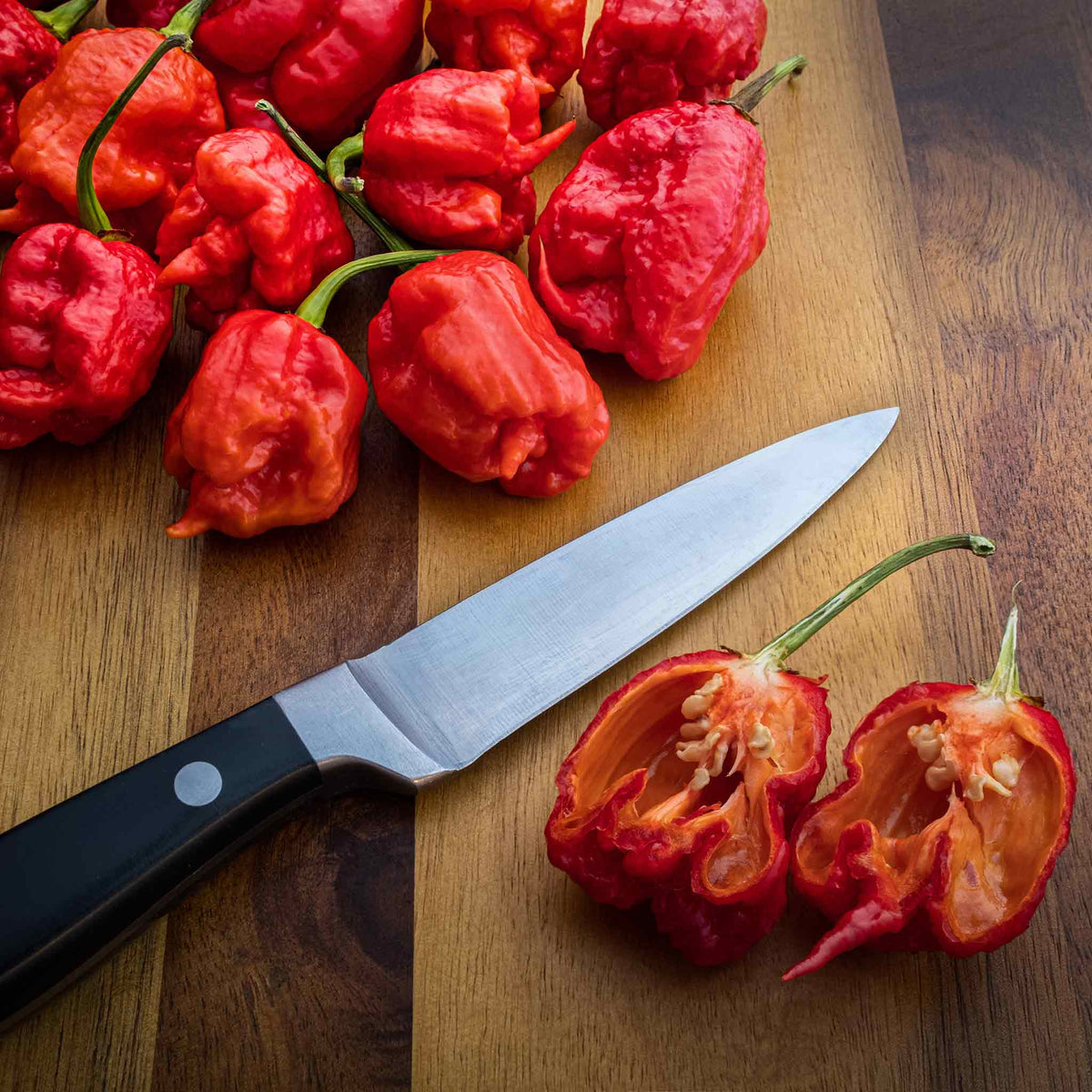 A close-up of a red Carolina Reaper pepper, showing its wrinkled texture and pointed tail.