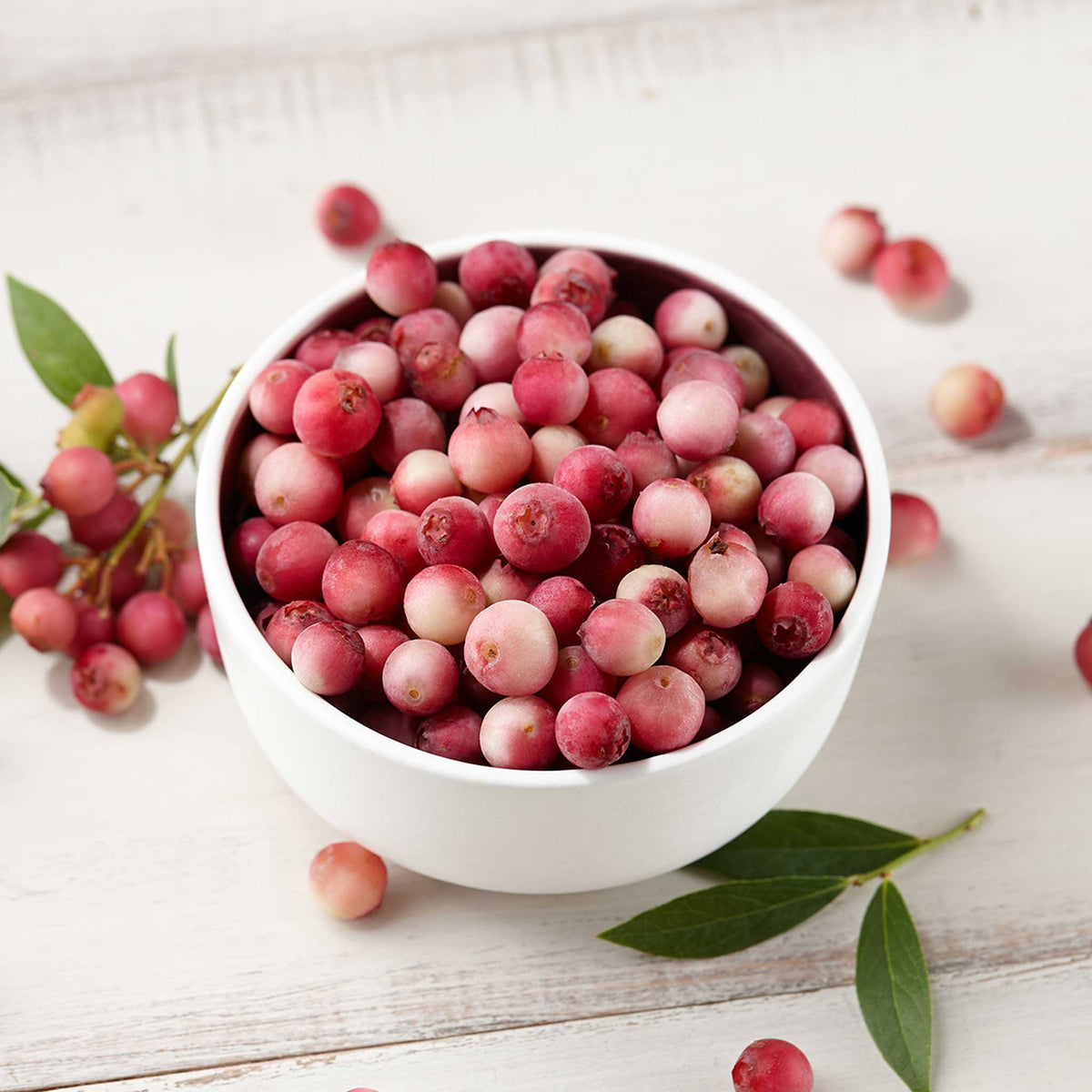 A white bowl filled with fresh pink lemonade blueberries, with a few green leaves and scattered cranberries on a light wooden surface.