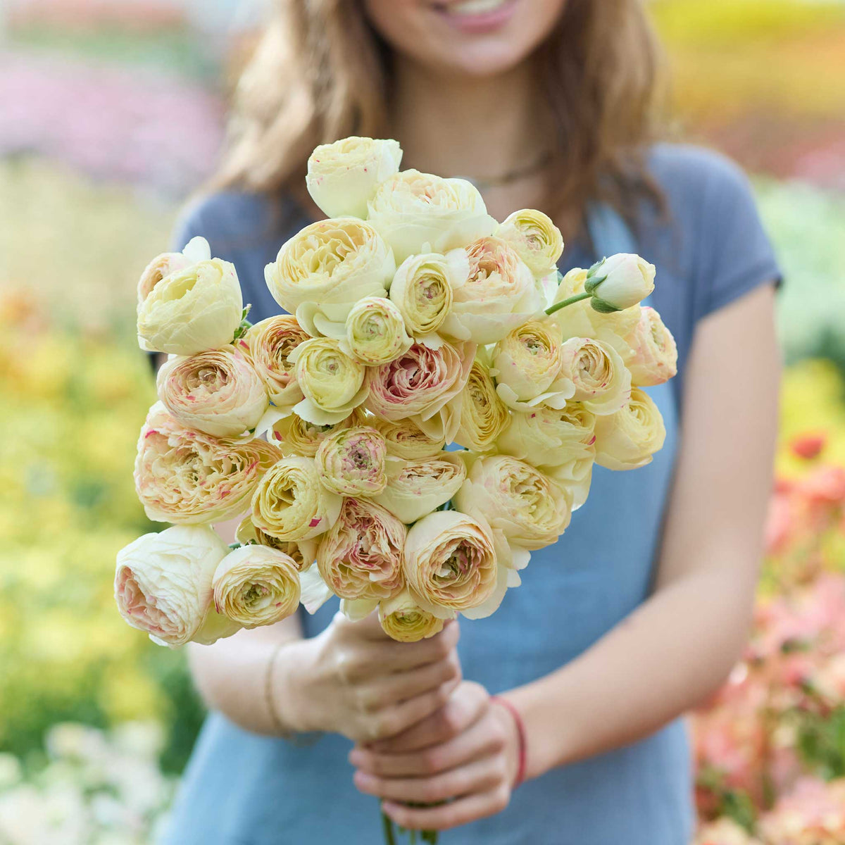 Person holding a bouquet of yellow romance hydra ranunculus flowers with a garden background